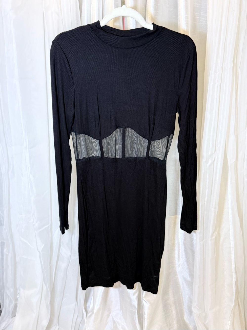Long Sleeve Black Mesh-Panel Bodycon Dress